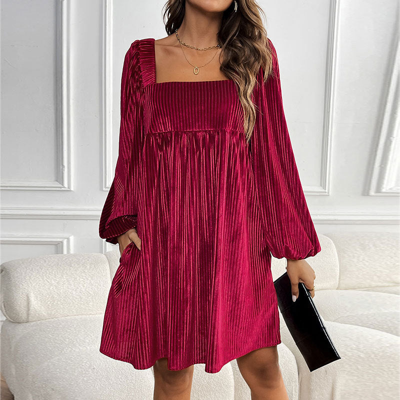 Velvet Square Collar Solid Color Dress