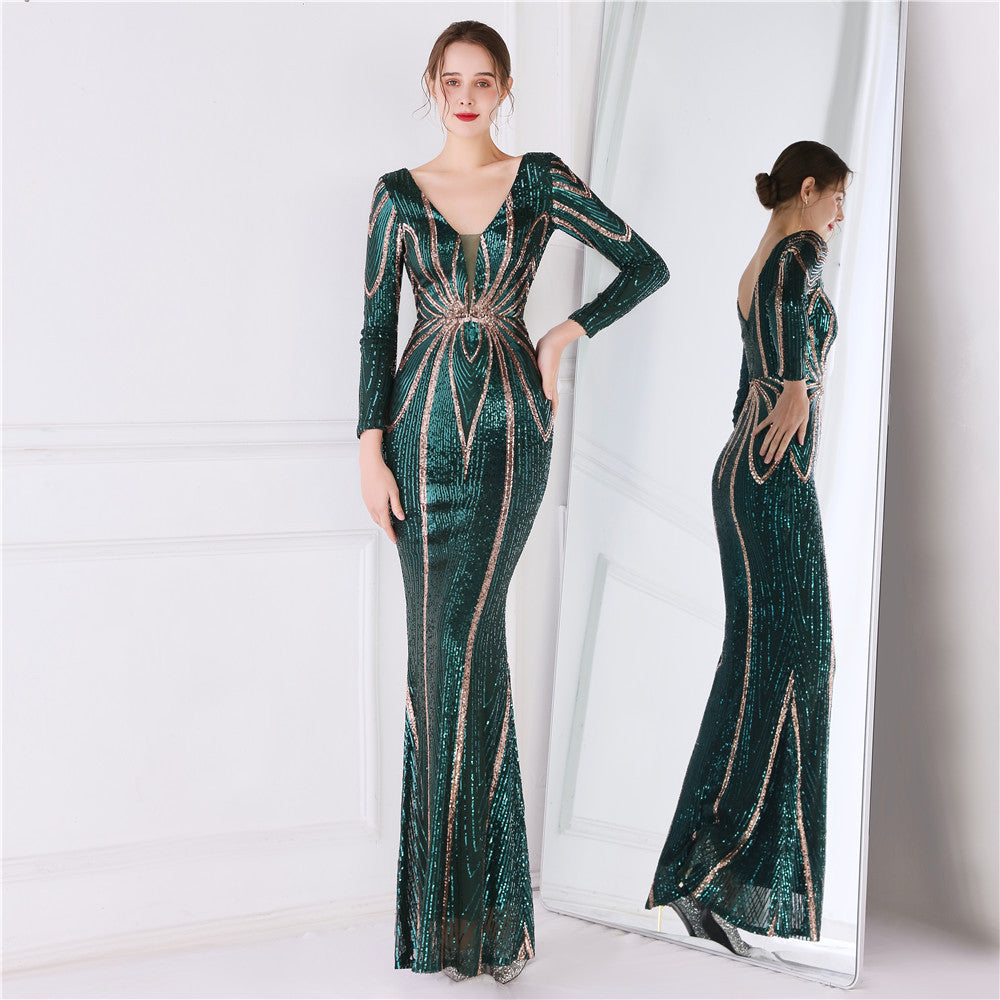 Elegante Queen Fishtail-jurk met lange mouwen en lovertjes