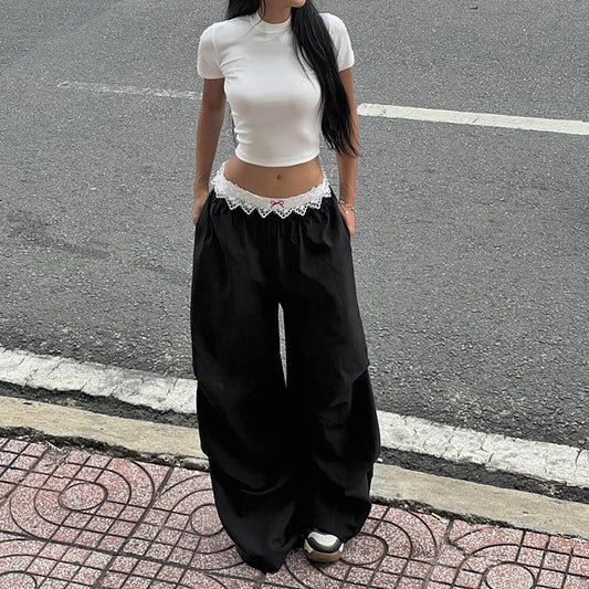 Lace Contrast Color Waist Loose Straight Wide Leg Mop Pants