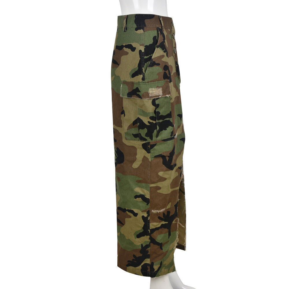 Personalized Camouflage Wash Pocket Slit Tassel Skirt