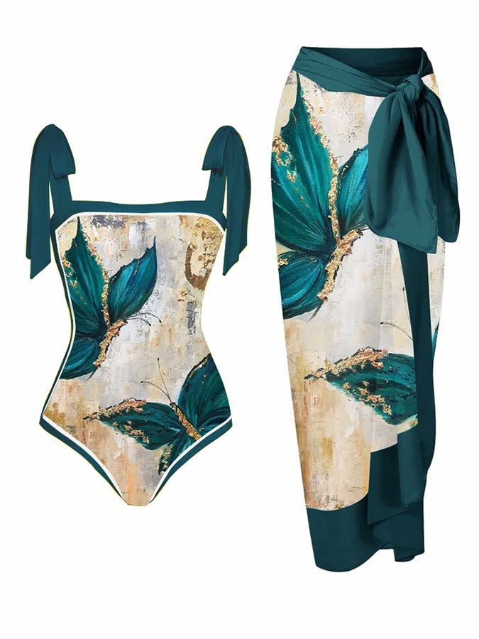 Bedruckter zweiteiliger einteiliger Badeanzug mit konservativem Cover und Hüftrock