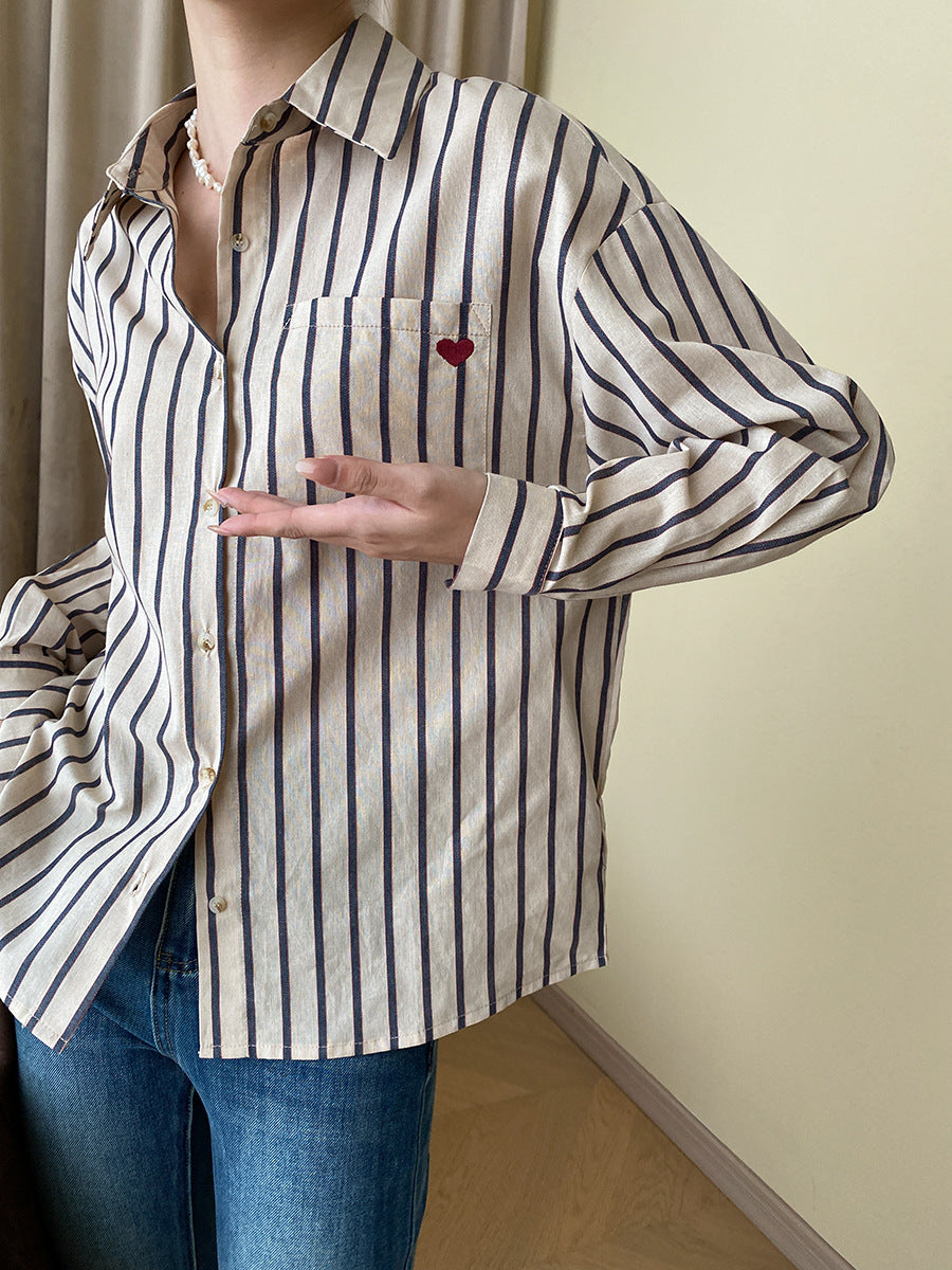 Love Small Embroidery French Brushed Vertical Stripes Loose Slimming Shirt