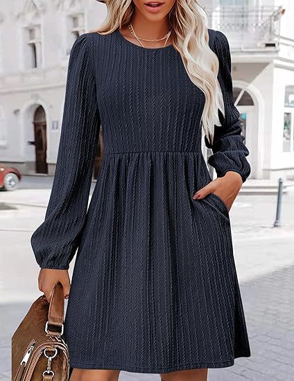 Round Neck Pocket Knitted Sweater Long Sleeve A Line Dress