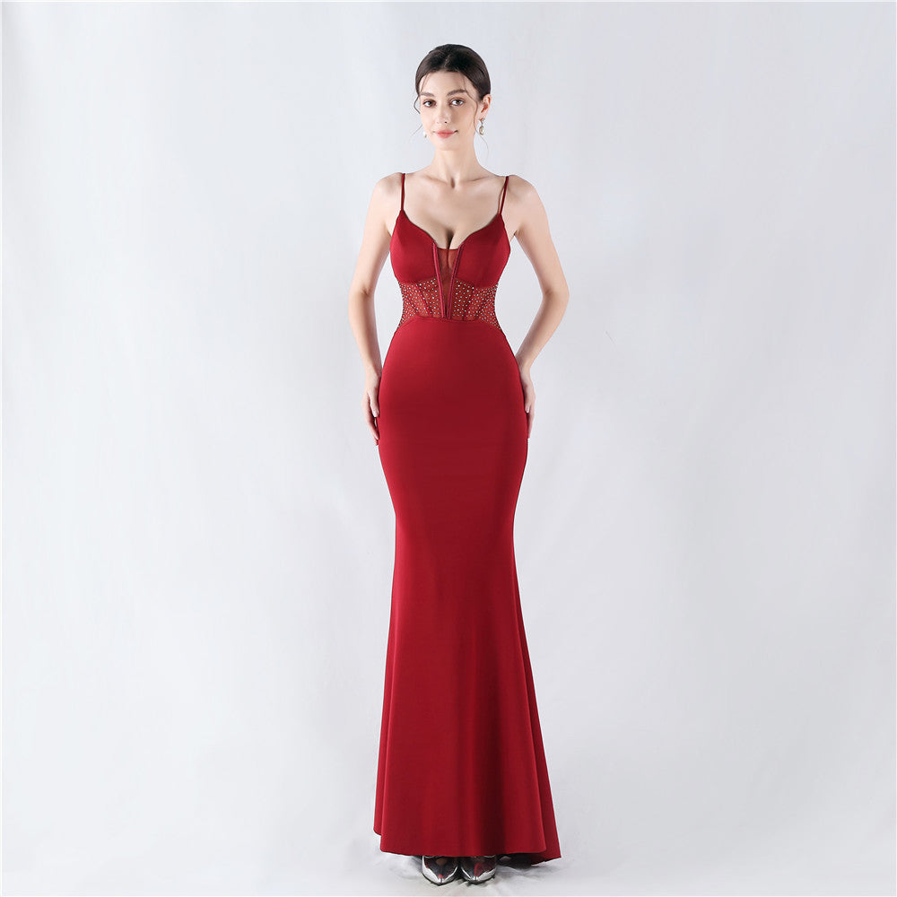 Elegant Boning Corset Vest Shaping Mesh Rhinestone Sling Sheath Fishtail Evening Dress