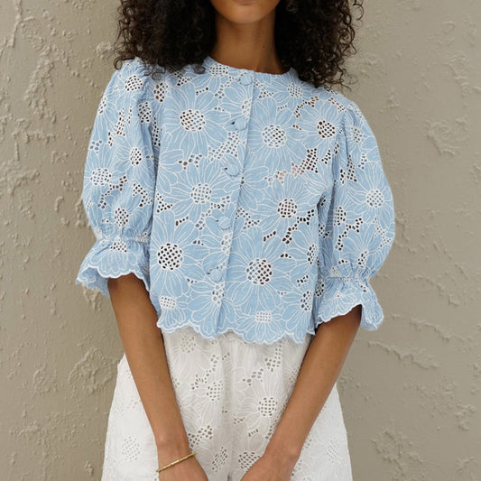 Embroidery Flared Sleeves Cropped Shirt Top