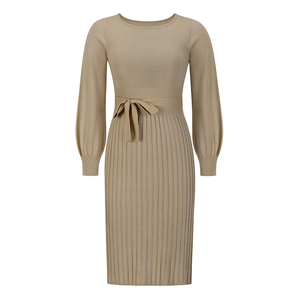 Slim-Fit Pleated Mid-Length Bottoming Sweater Knitting Dress