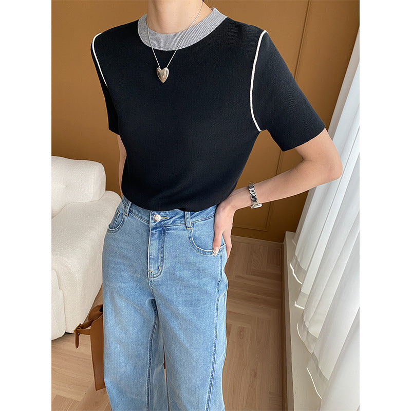 Retro Contrast Color Round Neck Shoulder Knitted Short Sleeve T Shirt Top