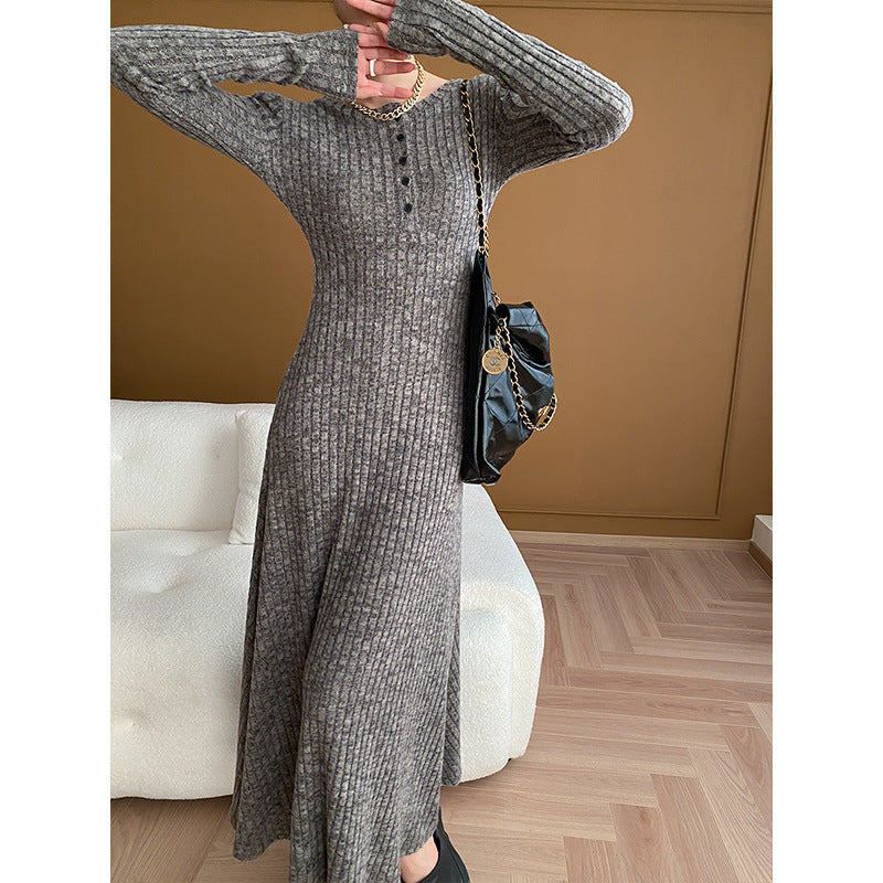 Sunken Stripe Padded Shoulder Slimming Knitted Dress