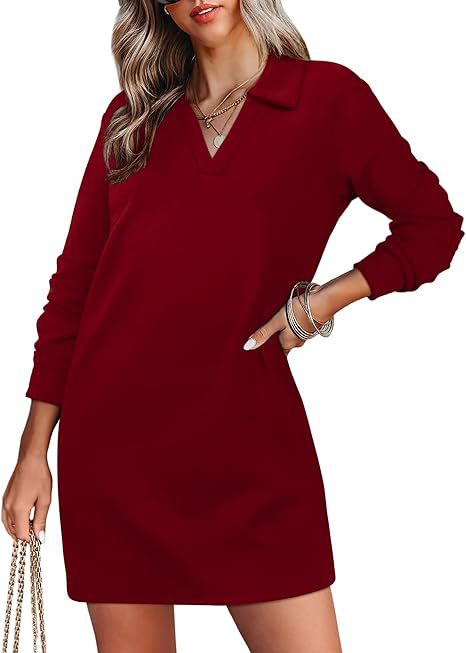 Collared Long Sleeve Casual Solid Color Sports Sweater Dress