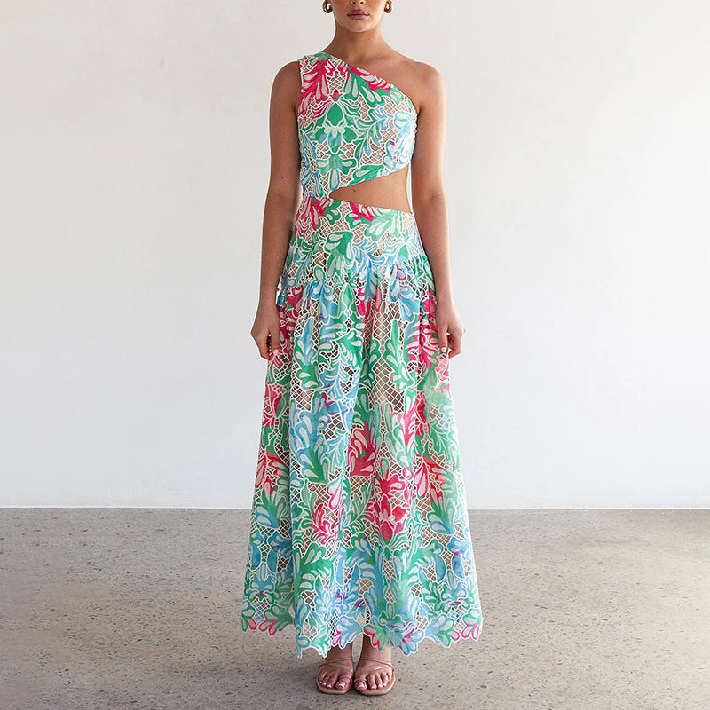 Bohemian One Shoulder Embroidery Floral Waist-Baring Dress