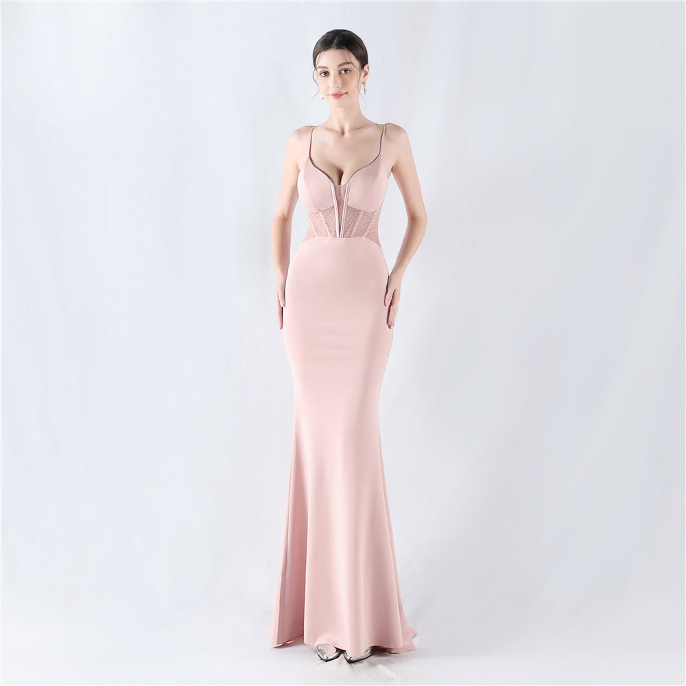 Elegant Boning Corset Vest Shaping Mesh Rhinestone Sling Sheath Fishtail Evening Dress