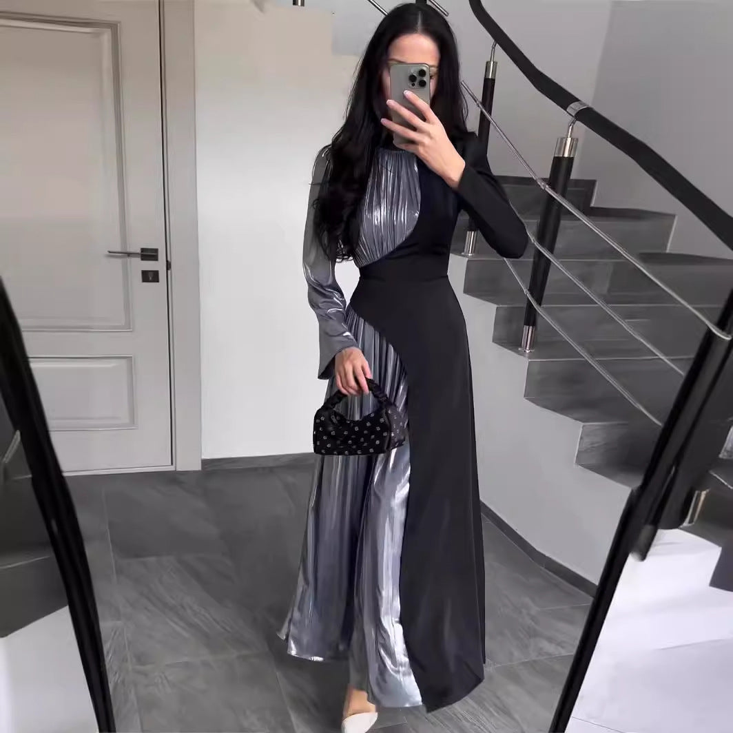 Long Sleeve Slim Fit Belt Irregular Asymmetric Maxi Dress