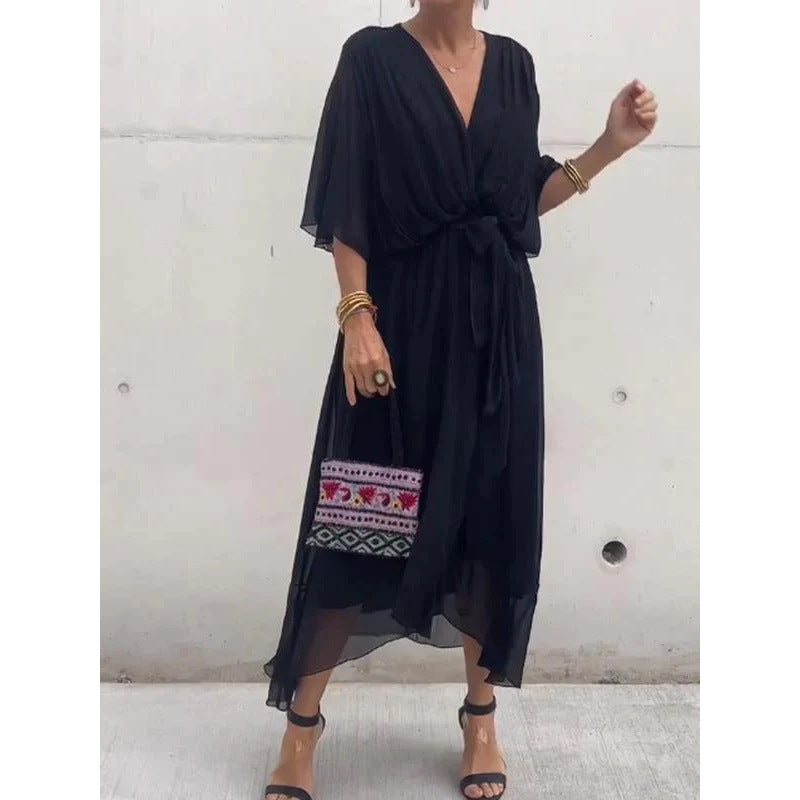 Solid Color Tied Maxi Dress Batwing Sleeve Irregular Asymmetric Dress