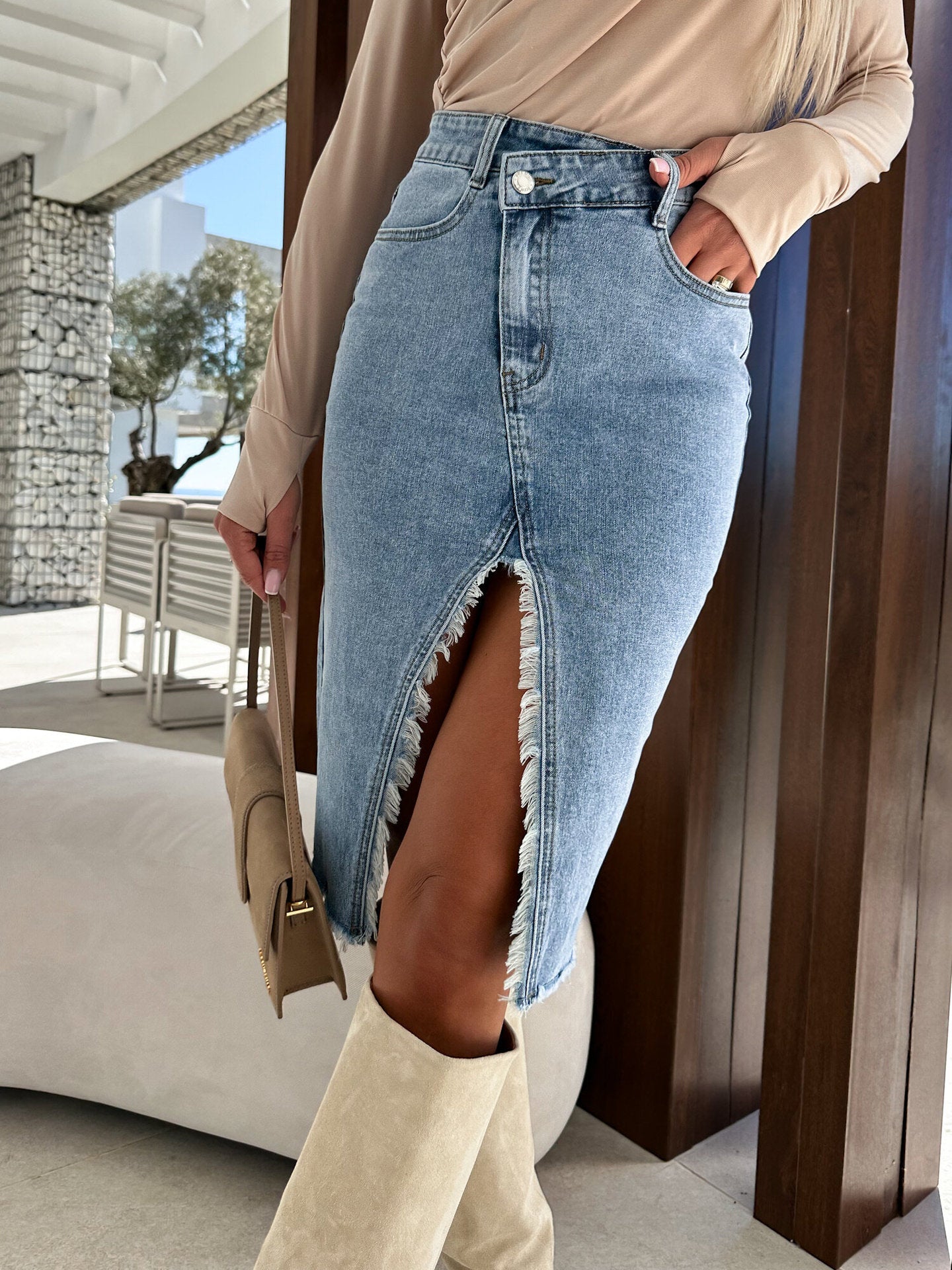 Sweet Slit Fashionable Casual Solid Color Denim Package Hip Skirt