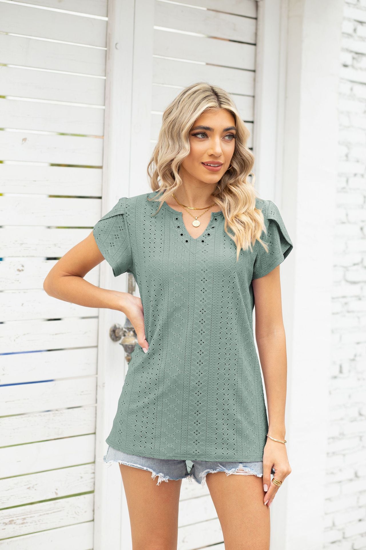 V Neck Buttons Hollow Out Cutout Loose Short Sleeve T Shirt Top