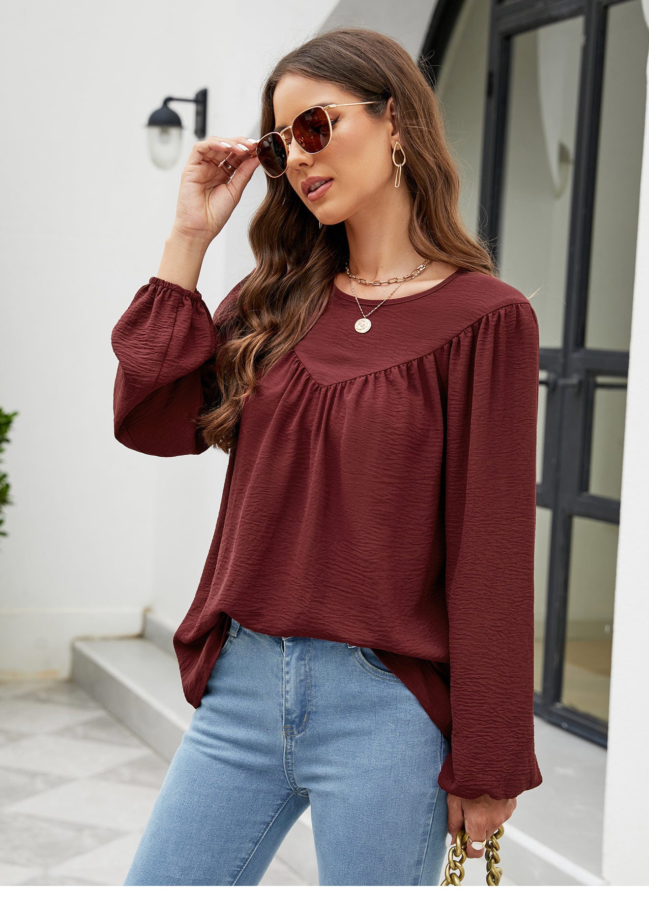 Lantern Sleeve Chiffon Shirt Top