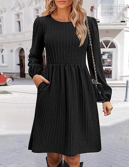 Round Neck Pocket Knitted Sweater Long Sleeve A Line Dress