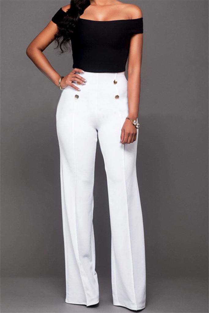 Button Solid Color Bootcut Trousers