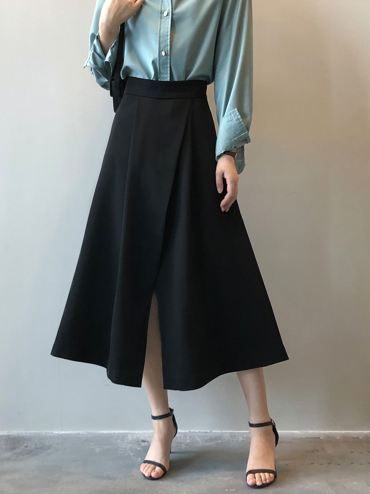 Elegant High Waist Office Slit A line Midi Skirt