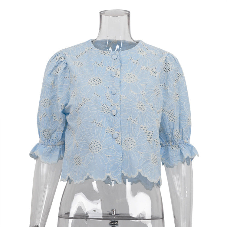 Embroidery Flared Sleeves Cropped Shirt Top