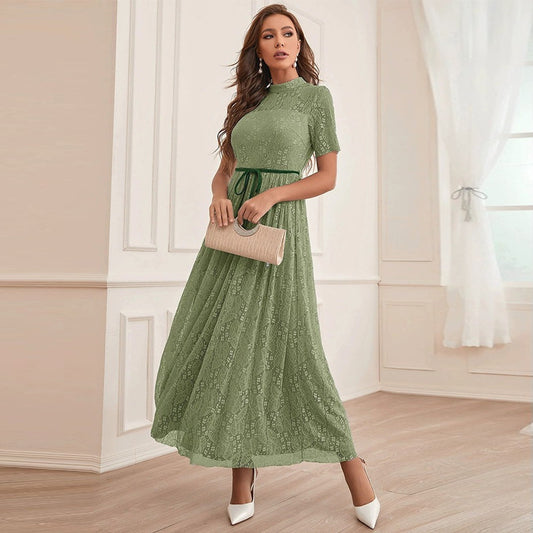 Round Neck Short Sleeve Mesh High Waist Elegant Graceful Dress