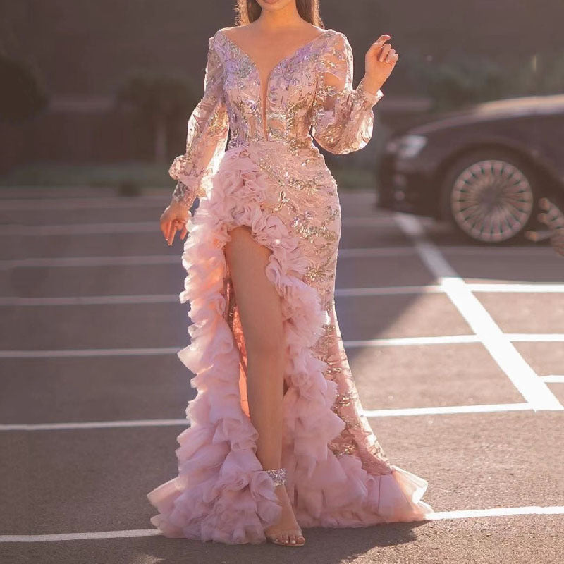 Sexy Mesh Trailing Sequined Split Pink Evening Dress