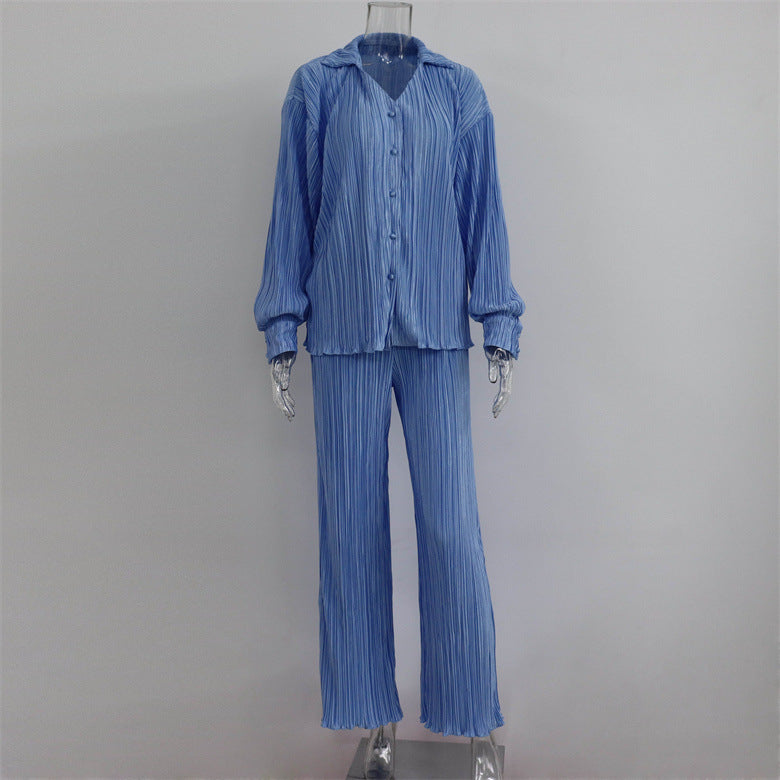 Pleated Long Sleeve V neck Shirt Casual Pants Two Piece Set