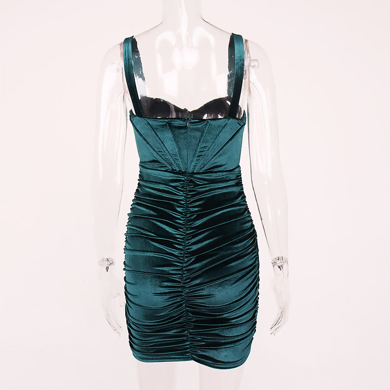 Sexy Velvet Pleated Suspender Hip Dress