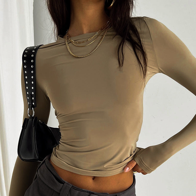 Solid Color round Neck Long Sleeve Basic Top