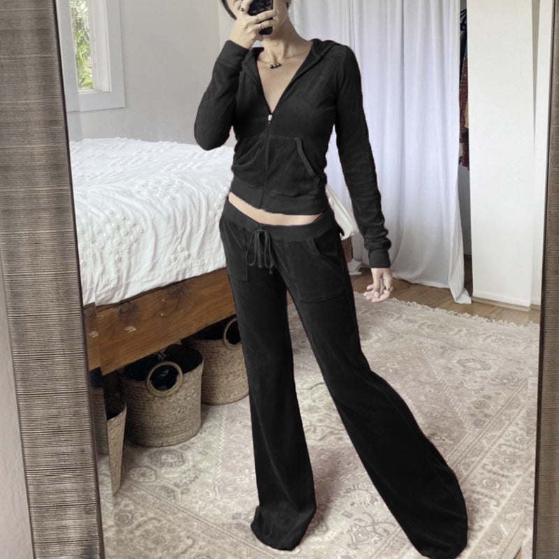 Solid Color Slim Fit Show Umbilical Long Sleeve Zipper Hooded Sweater High Waist Bootcut Mop Trousers Casual Set Batch