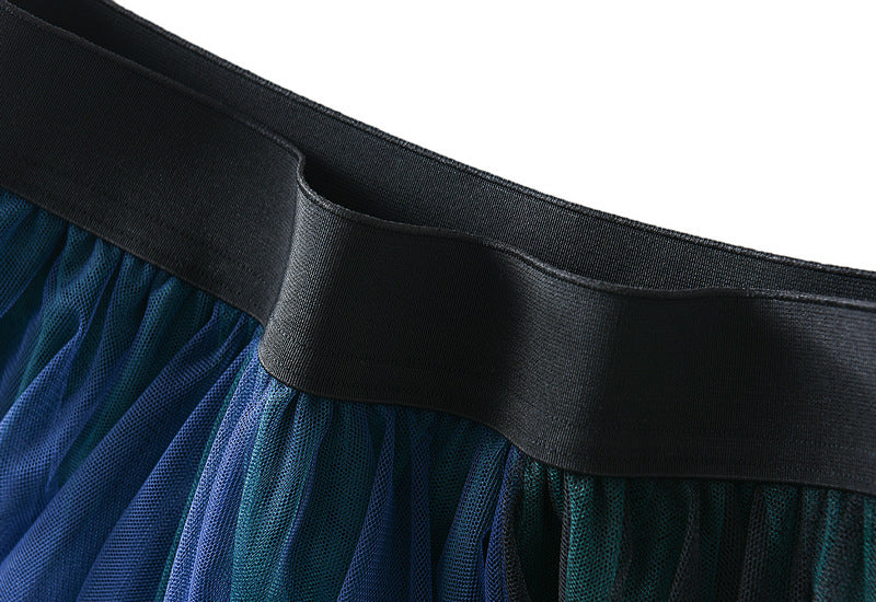 Color Matching Mesh Multi Layer Irregular Asymmetric All Matching Elastic Waistband Midi Skirt