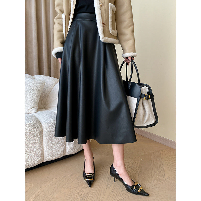 Elegant Fashionable French Office Umbrella A line Leather Skirt