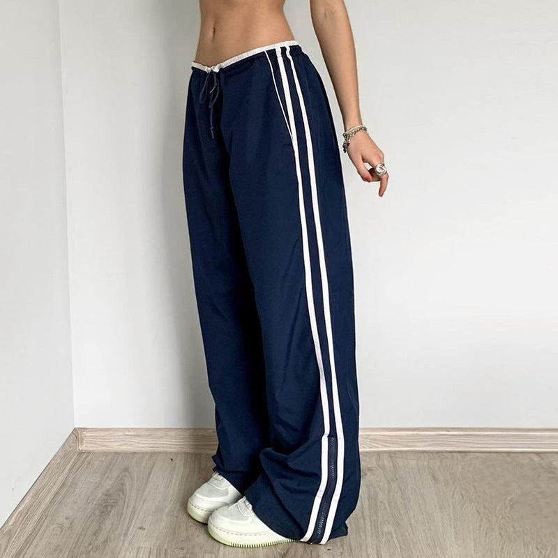 Contrast Color Side Ribbon Woven Straight Leg Pants