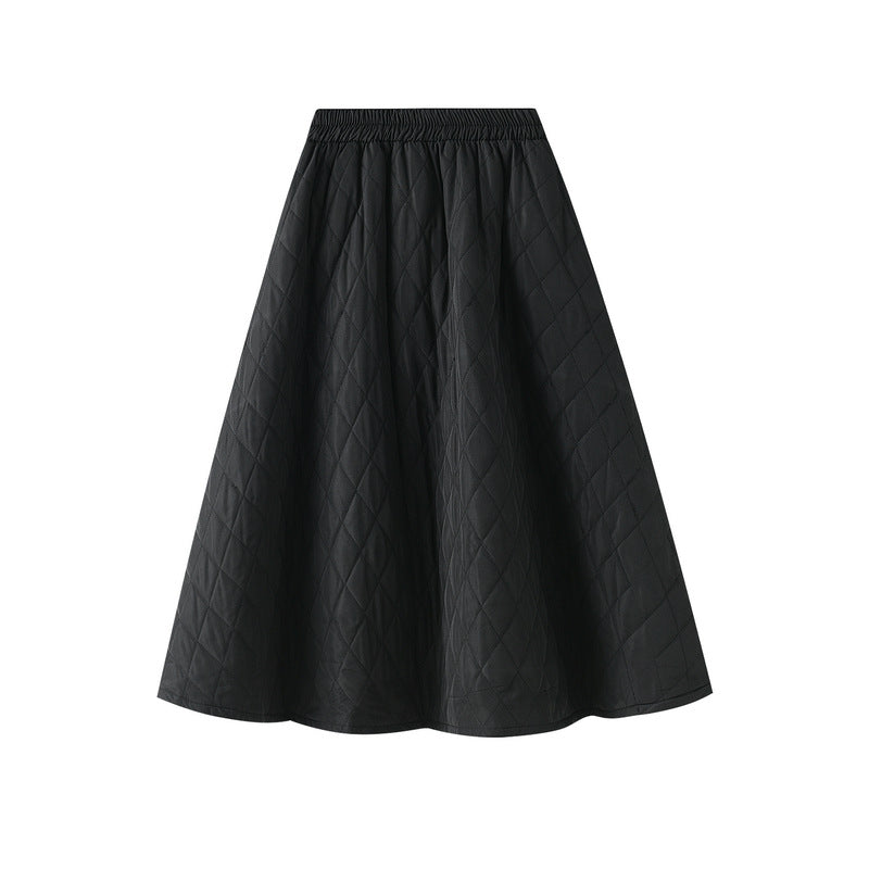 South Korea Elastic Waist Rhombus Woven Quilted A Line Slimming Skirt