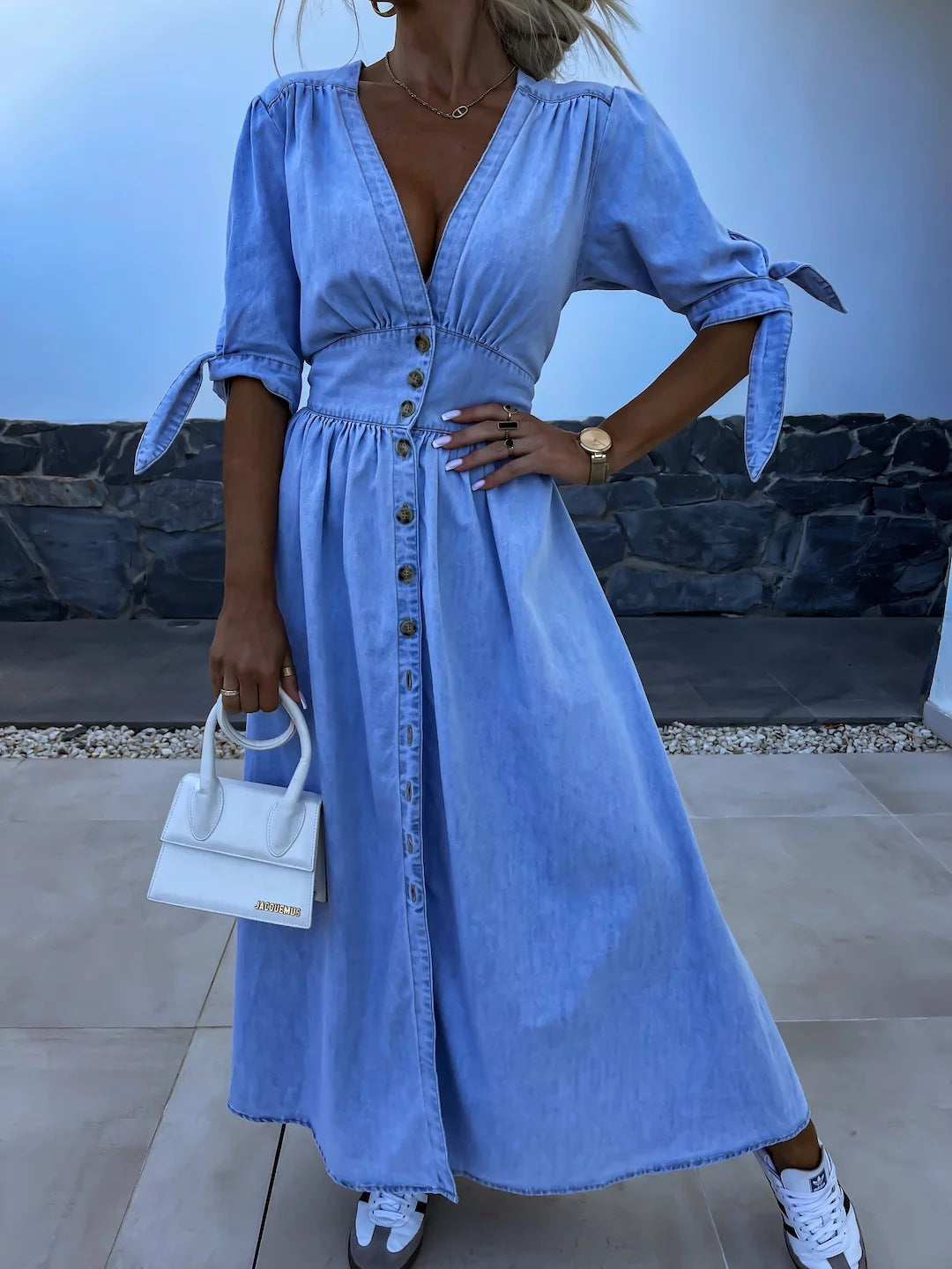 Sexy V Neck Long Button Denim Dress