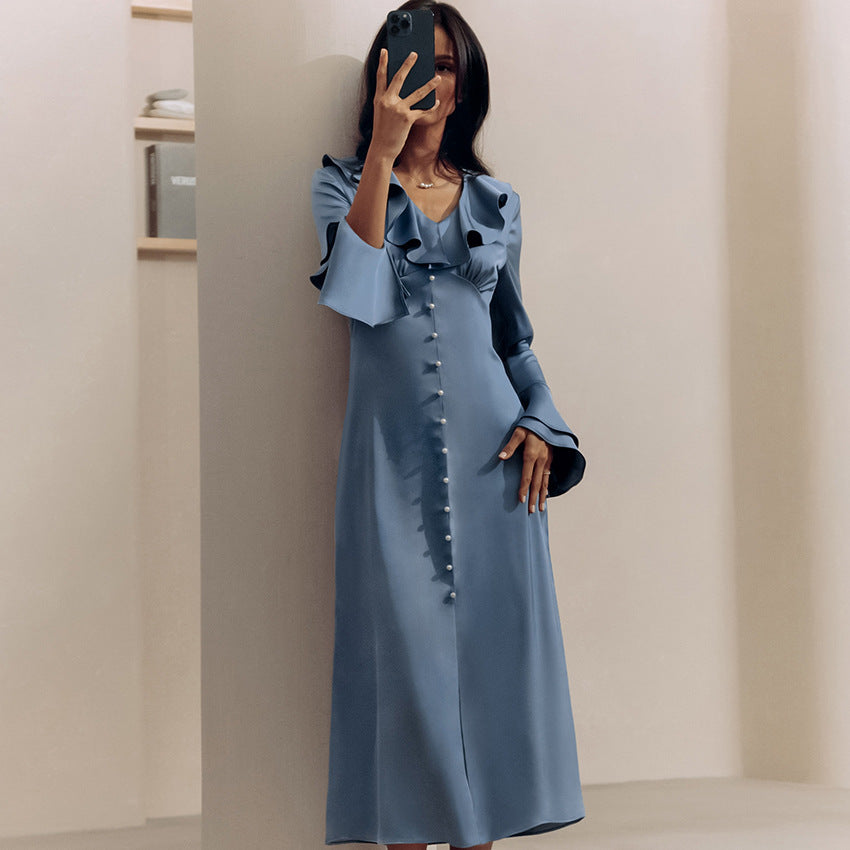 Satin V Neck Flared Sleeves High Waist Ruffles Dress