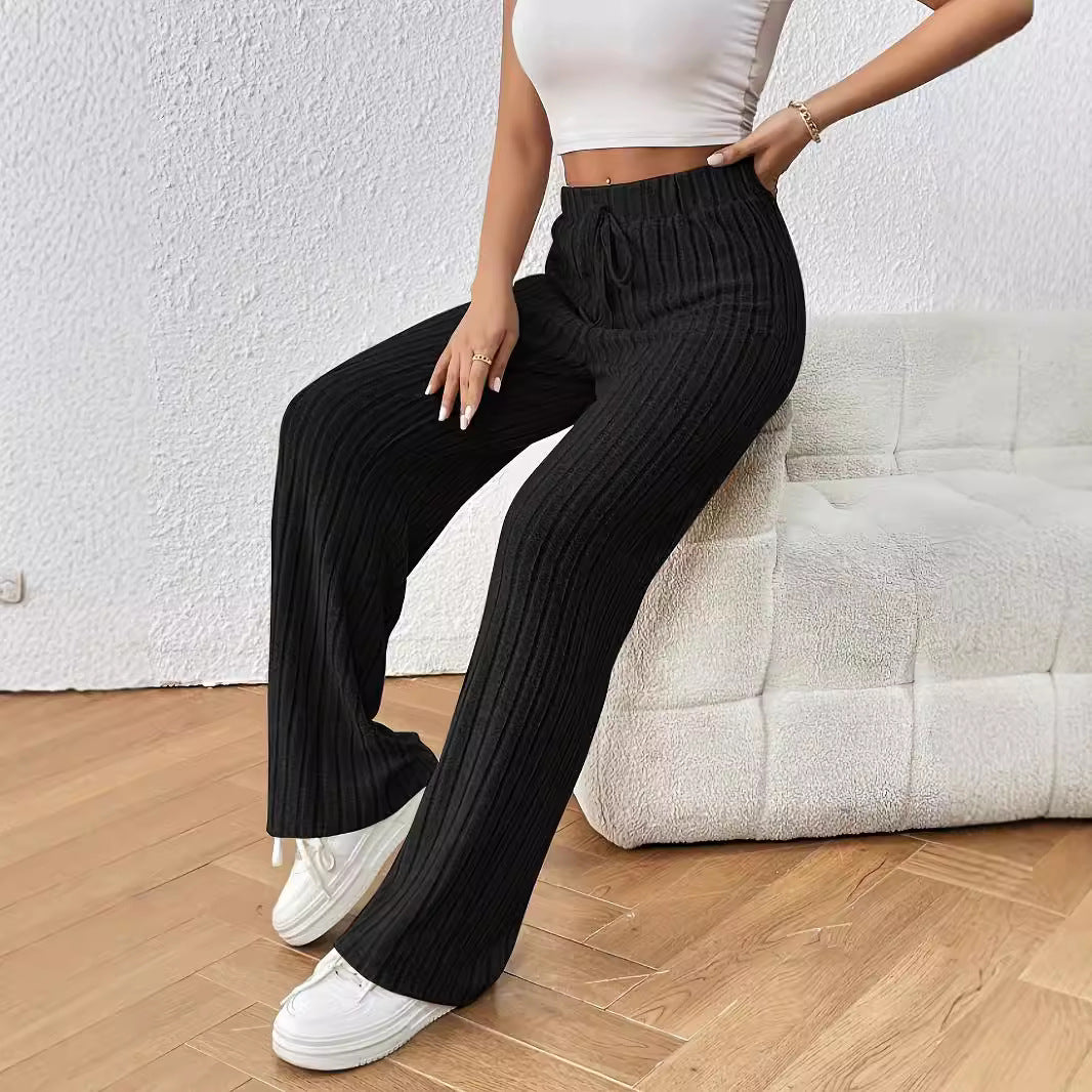 Knot Waist Texture Knitted Wide Leg Elastic High Waist Loose Straight Pants