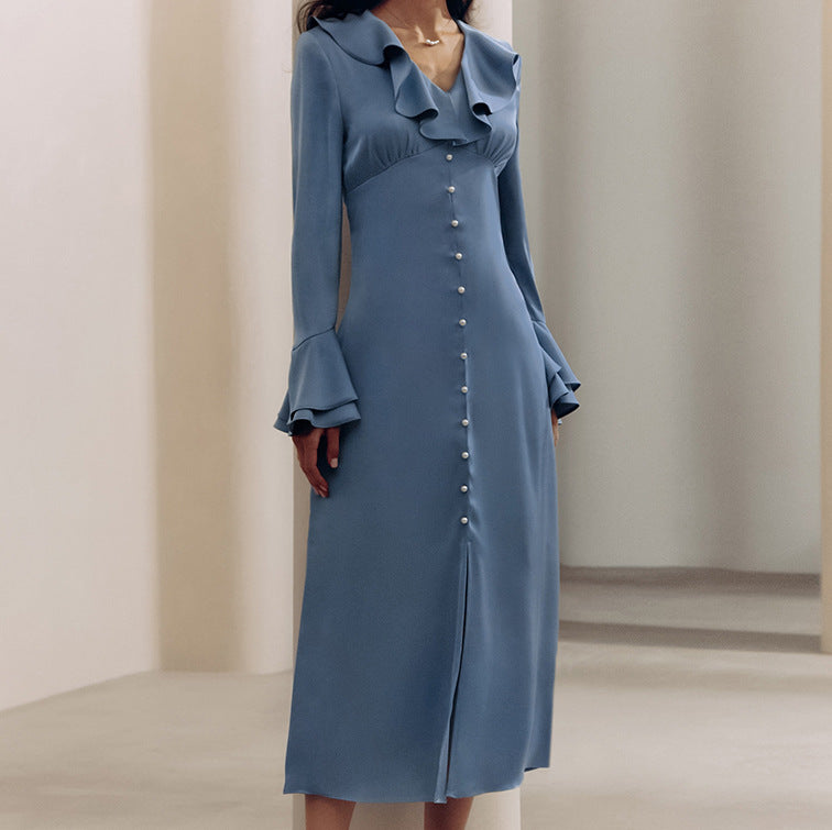 Satin V Neck Flared Sleeves High Waist Ruffles Dress