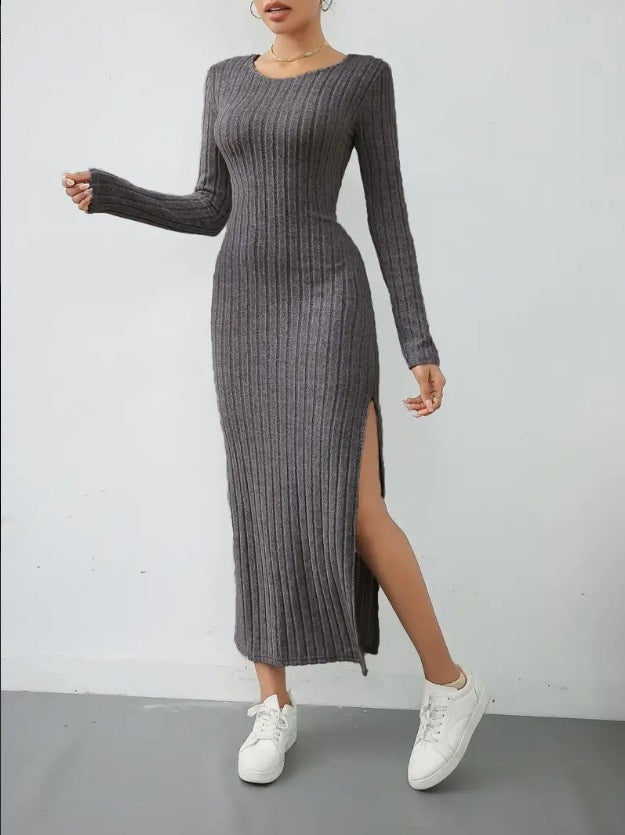 Long Sleeve Crew Neck Split Knitted Maxi Dress