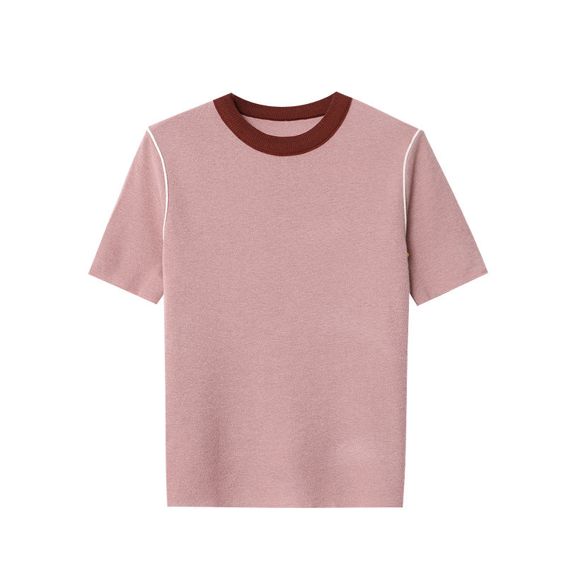 T-shirt tricoté à manches courtes et col rond, couleur contrastée rétro, épaules dénudées