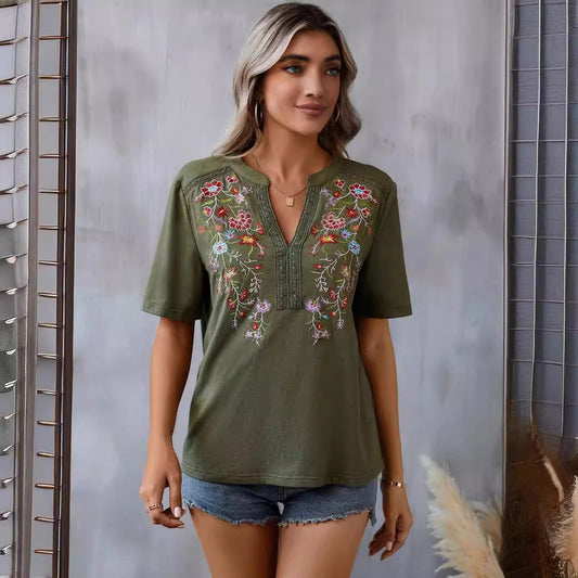 Summer Embroidery Stitching Lace Collared Blouse AXE - Fashally.com