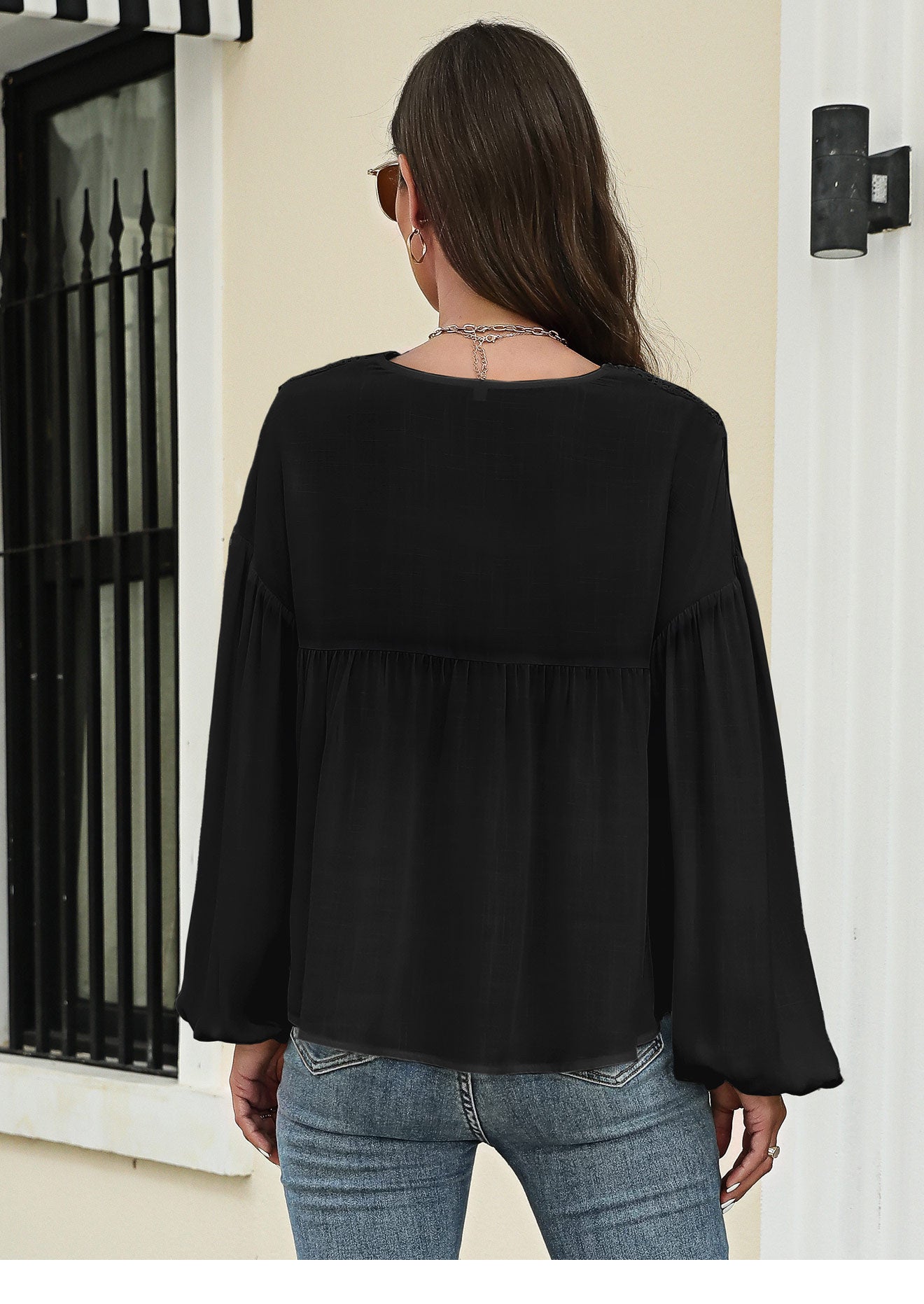 Top camicia in chiffon con maniche a lanterna