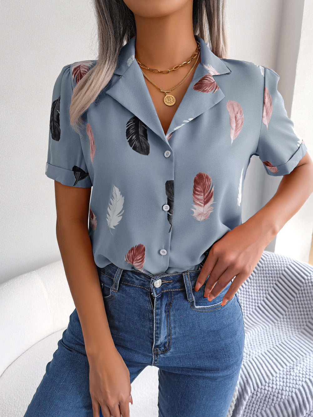 Elegant Collar Feather Loose Short Sleeve Shirt