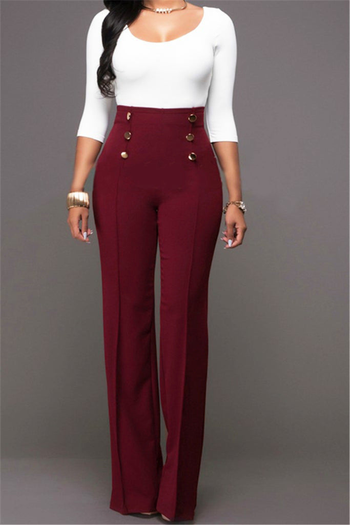 Button Solid Color Bootcut Trousers