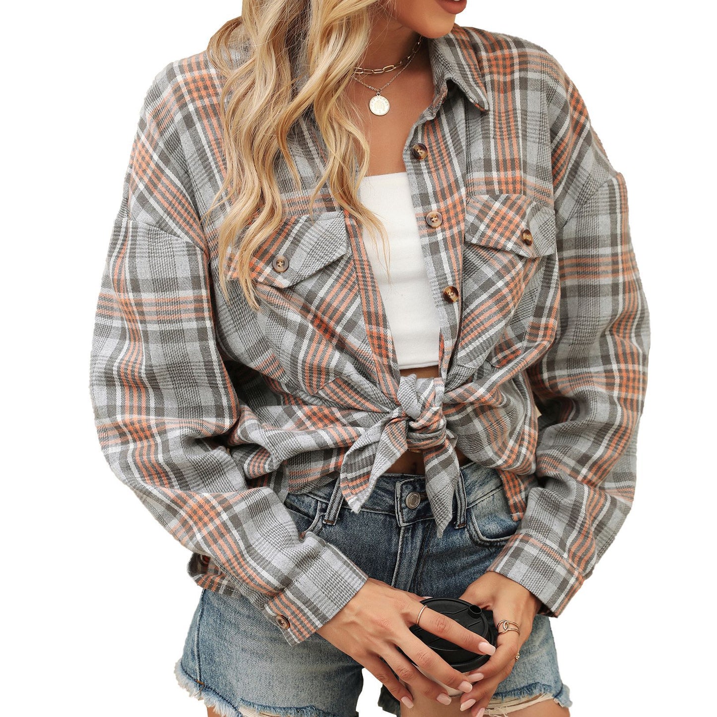 Polo Collar Pocket Loose Long Sleeve Plaid Shirt