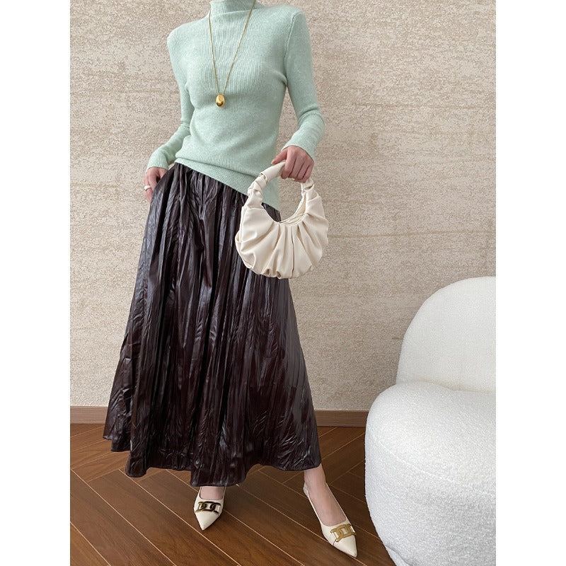 Vintage Pleated Texture Elastic High Waist Faux Leather Skirt