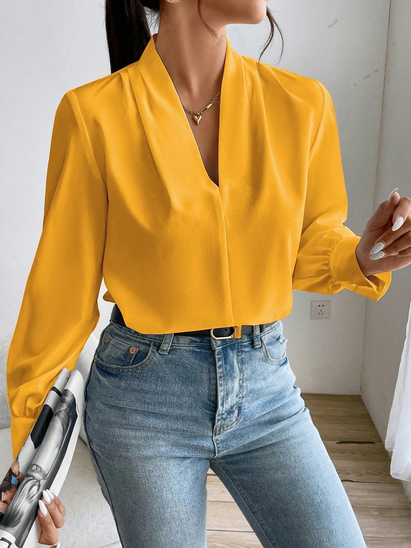 Long Sleeve V Neck Loose Shirt