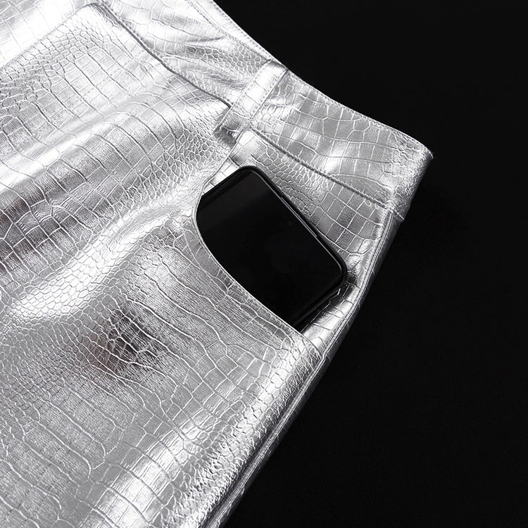 Metallic Coated Fabric Silver Scale Pattern High Waist Long Straight Pants