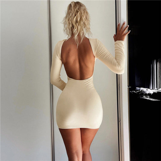 Long Sleeve Sexy Backless Slim Fit Solid Color Sheath Dress