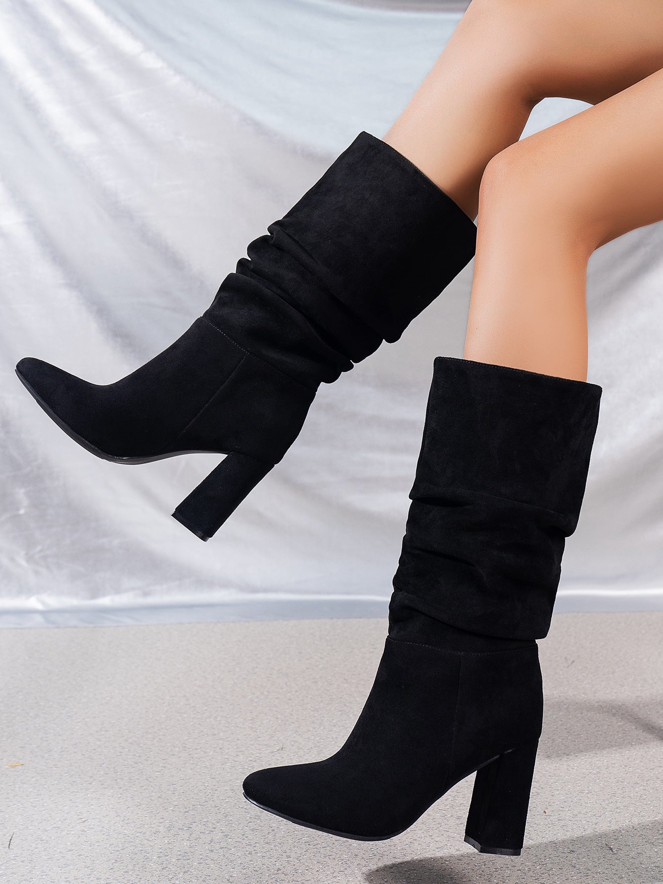 Pleated High Heel Chunky Heel Suede Boots